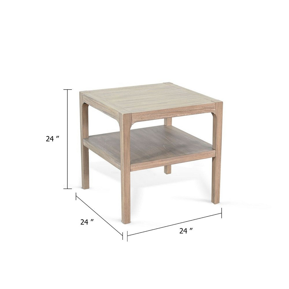 Benjara Side End Table with Lower Shelf, 24 Inch Square Top, Natural Brown