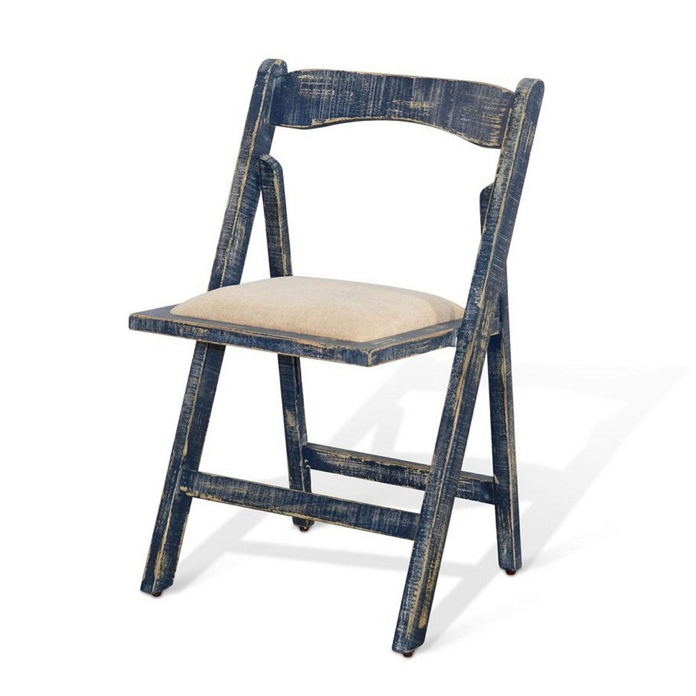 Benjara Shen Folding Dining Chair Set of 2, Ocean Blue Frame, Beige Cushion