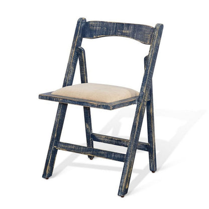 Benjara Shen Folding Dining Chair Set of 2, Ocean Blue Frame, Beige Cushion