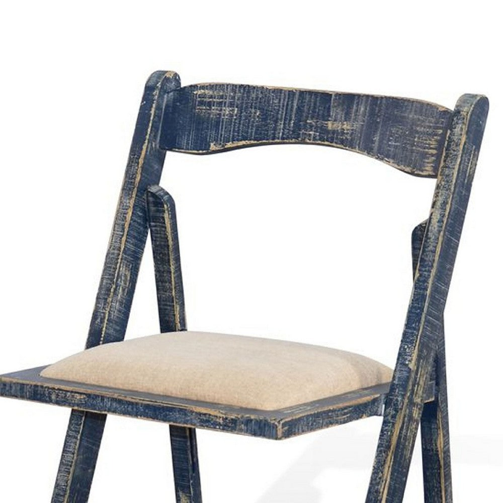 Benjara Shen Folding Dining Chair Set of 2, Ocean Blue Frame, Beige Cushion