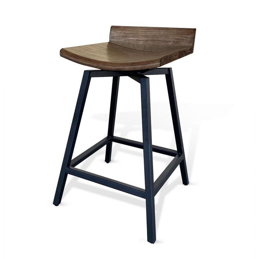 Benjara 24 Inch Counter Height Swivel Barstool, Mahogany Wood Seat, Black Base