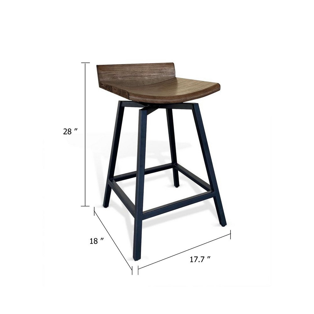 Benjara 24 Inch Counter Height Swivel Barstool, Mahogany Wood Seat, Black Base