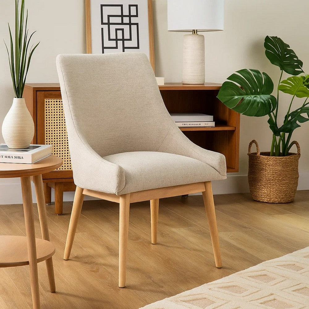 Benjara Livvy High Back Dining Chair Set of 2, Light Gray Fabric, Wheat Brown Wood