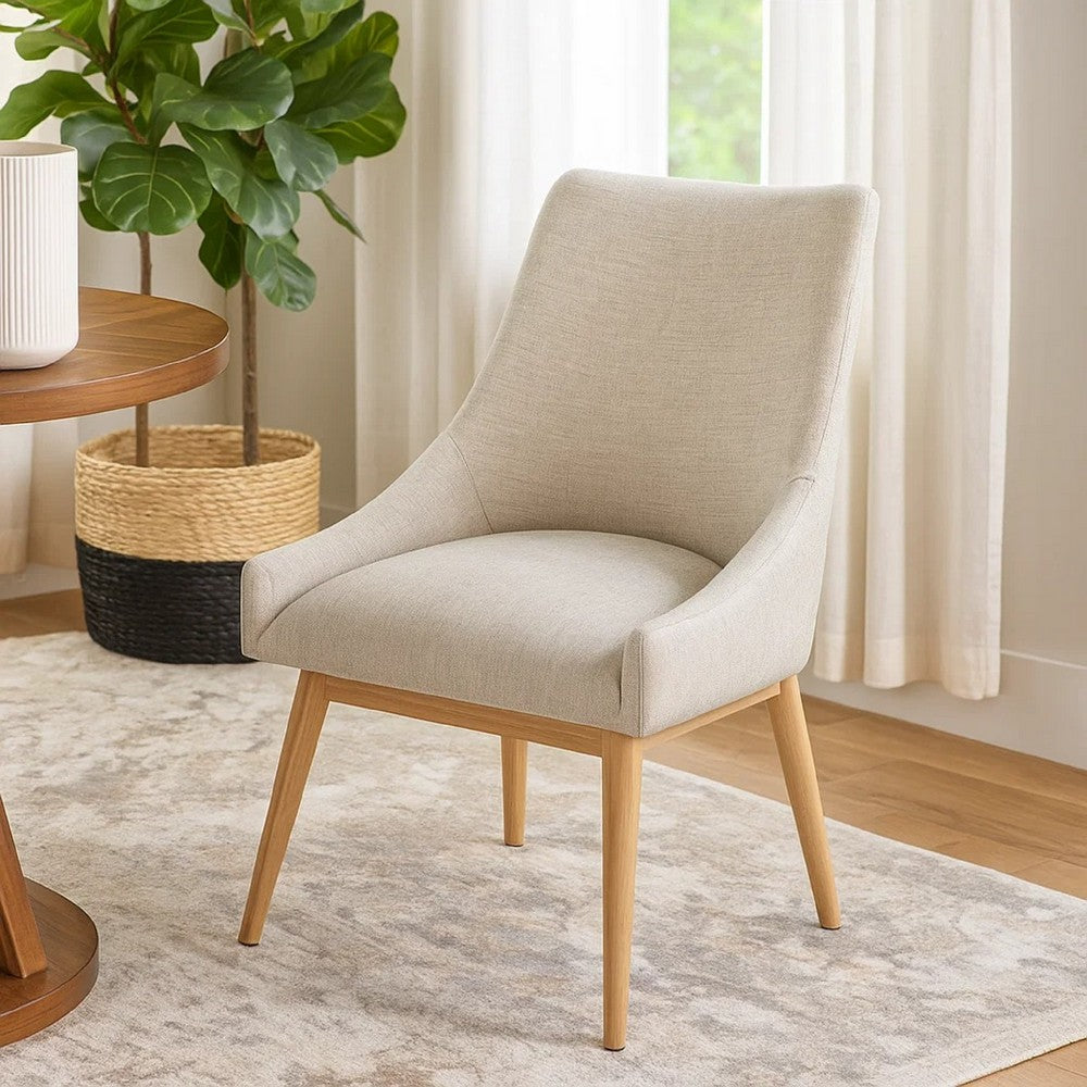 Benjara Livvy High Back Dining Chair Set of 2, Light Gray Fabric, Wheat Brown Wood