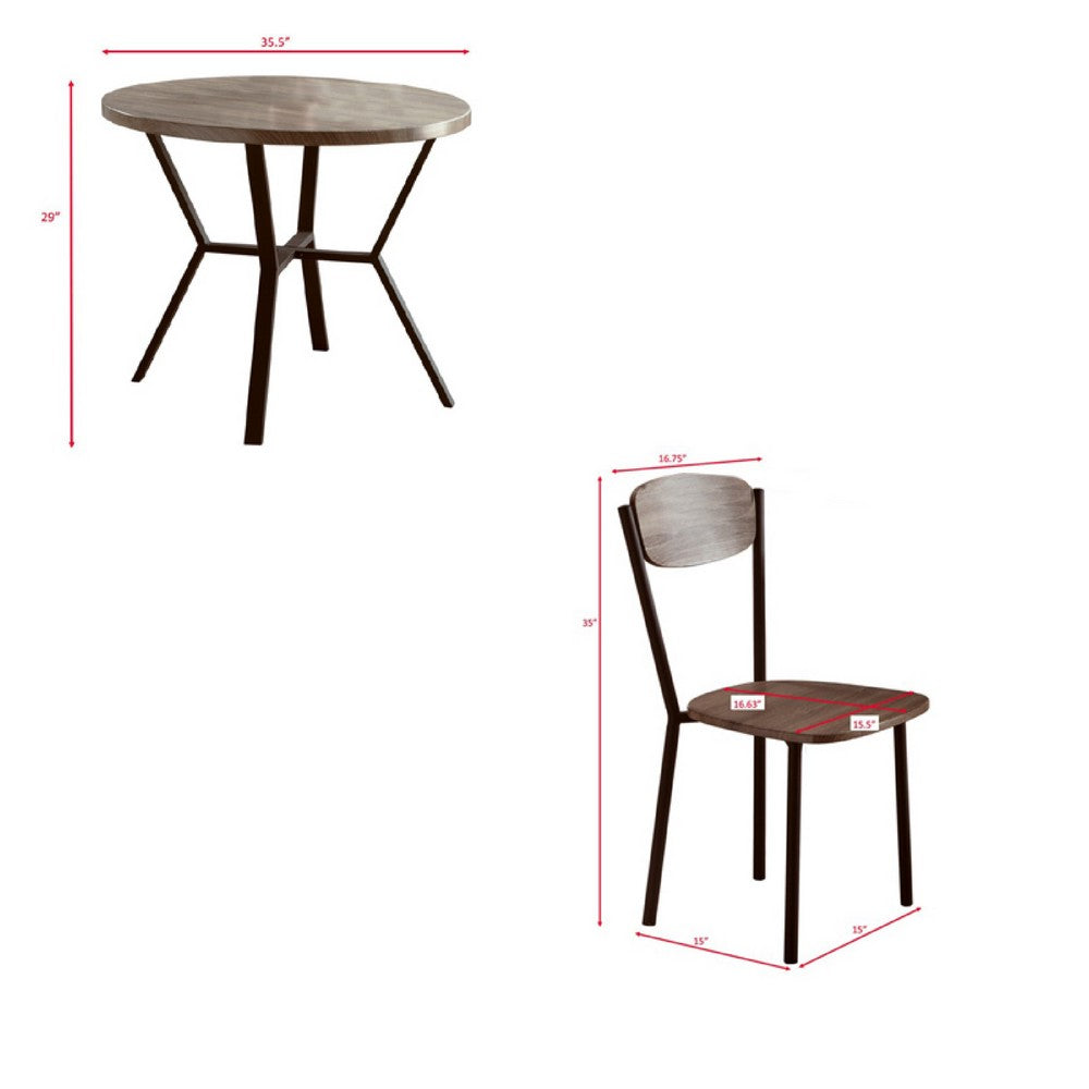 Benjara Jiho 5pc Dining Table And 4 Chairs Set, Graywash, Black Metal Base