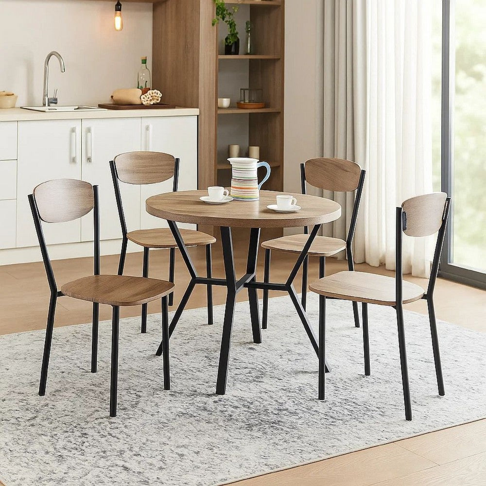Benjara Jiho 5pc Dining Table And 4 Chairs Set, Graywash, Black Metal Base