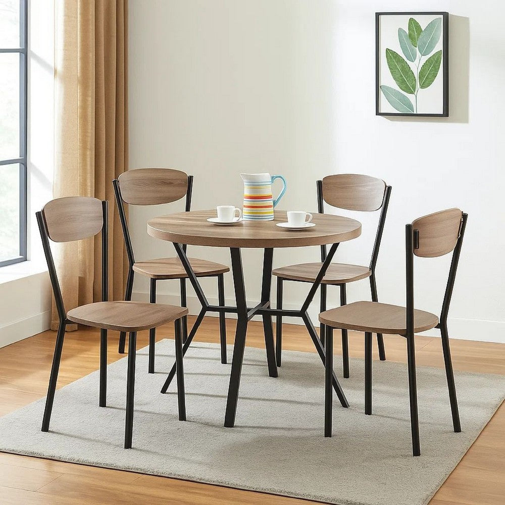 Benjara Jiho 5pc Dining Table And 4 Chairs Set, Graywash, Black Metal Base