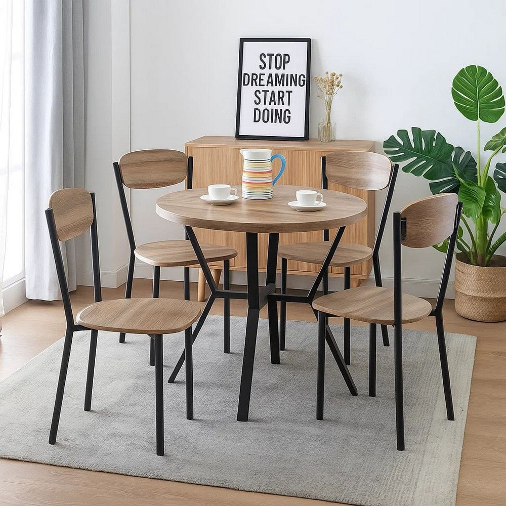 Benjara Jiho 5pc Dining Table And 4 Chairs Set, Graywash, Black Metal Base