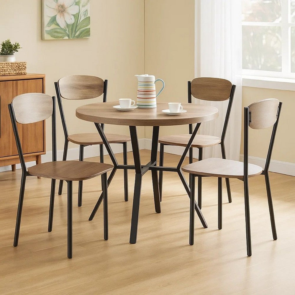Benjara Jiho 5pc Dining Table And 4 Chairs Set, Graywash, Black Metal Base