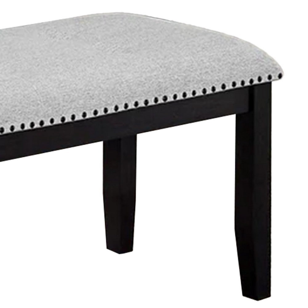 Benjara Amber Dining Bench, Gray Fabric Seat w Nailheads, Black Wood, 48 Inch