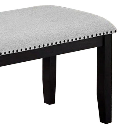 Benjara Amber Dining Bench, Gray Fabric Seat w Nailheads, Black Wood, 48 Inch