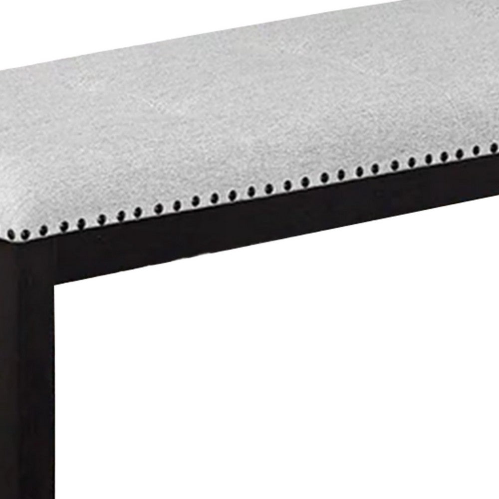Benjara Amber Dining Bench, Gray Fabric Seat w Nailheads, Black Wood, 48 Inch