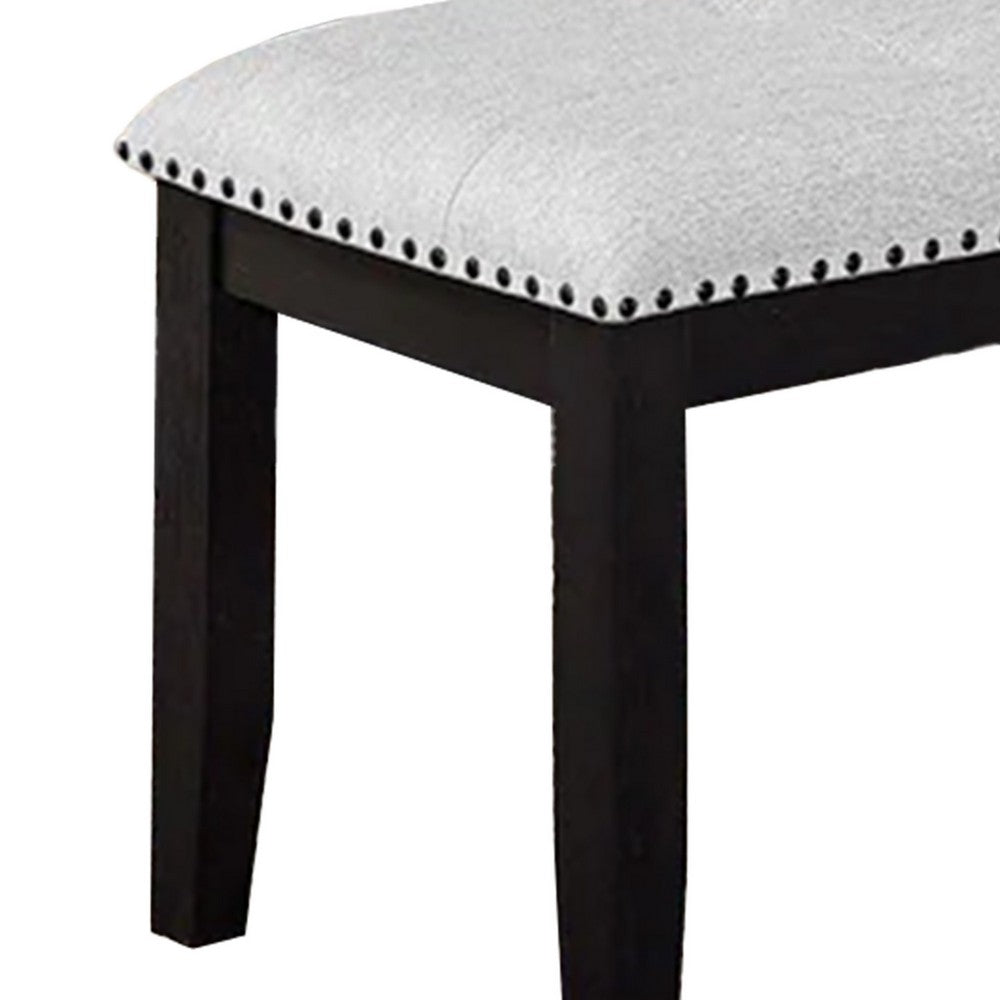 Benjara Amber Dining Bench, Gray Fabric Seat w Nailheads, Black Wood, 48 Inch