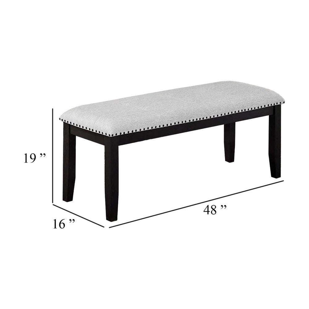 Benjara Amber Dining Bench, Gray Fabric Seat w Nailheads, Black Wood, 48 Inch