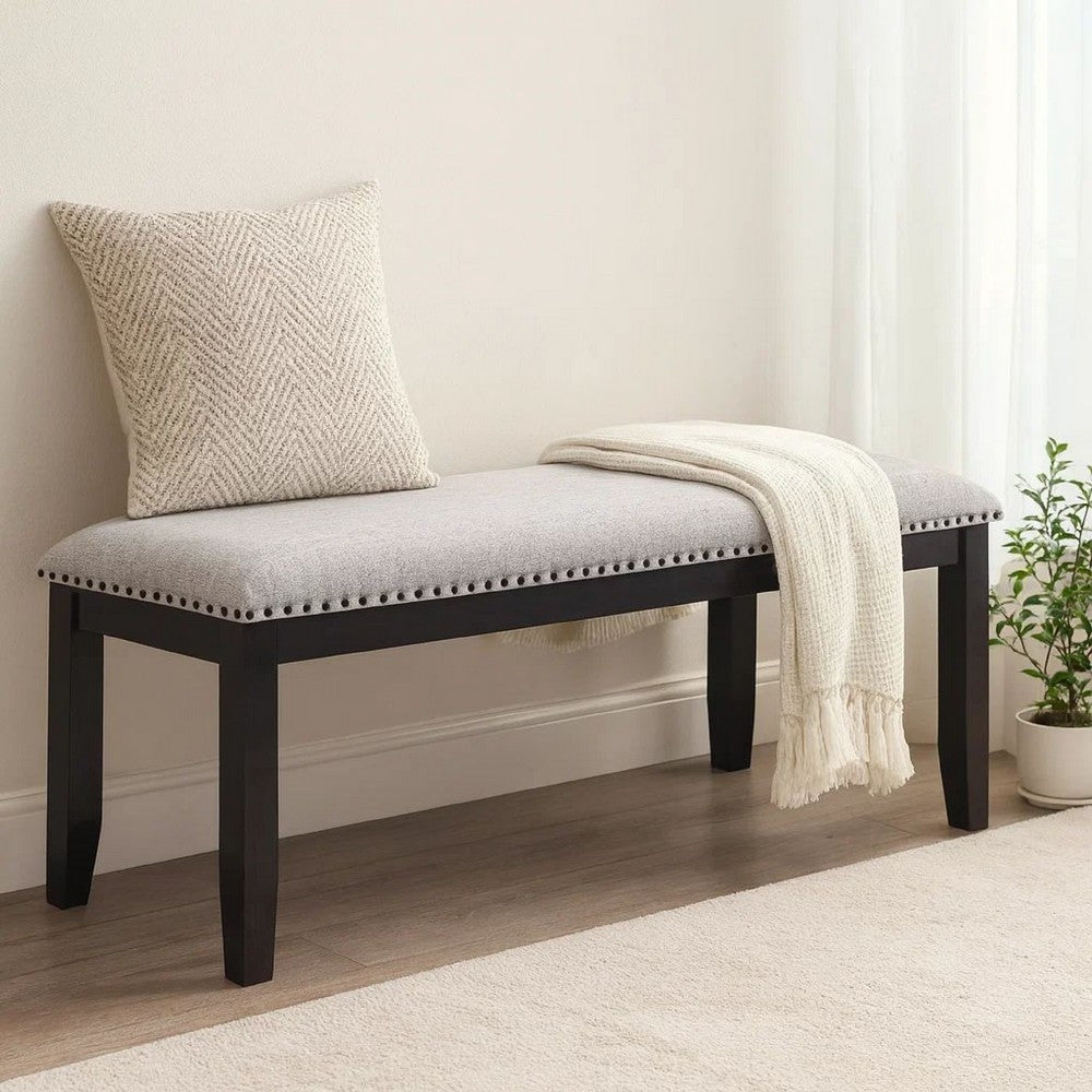 Benjara Amber Dining Bench, Gray Fabric Seat w Nailheads, Black Wood, 48 Inch