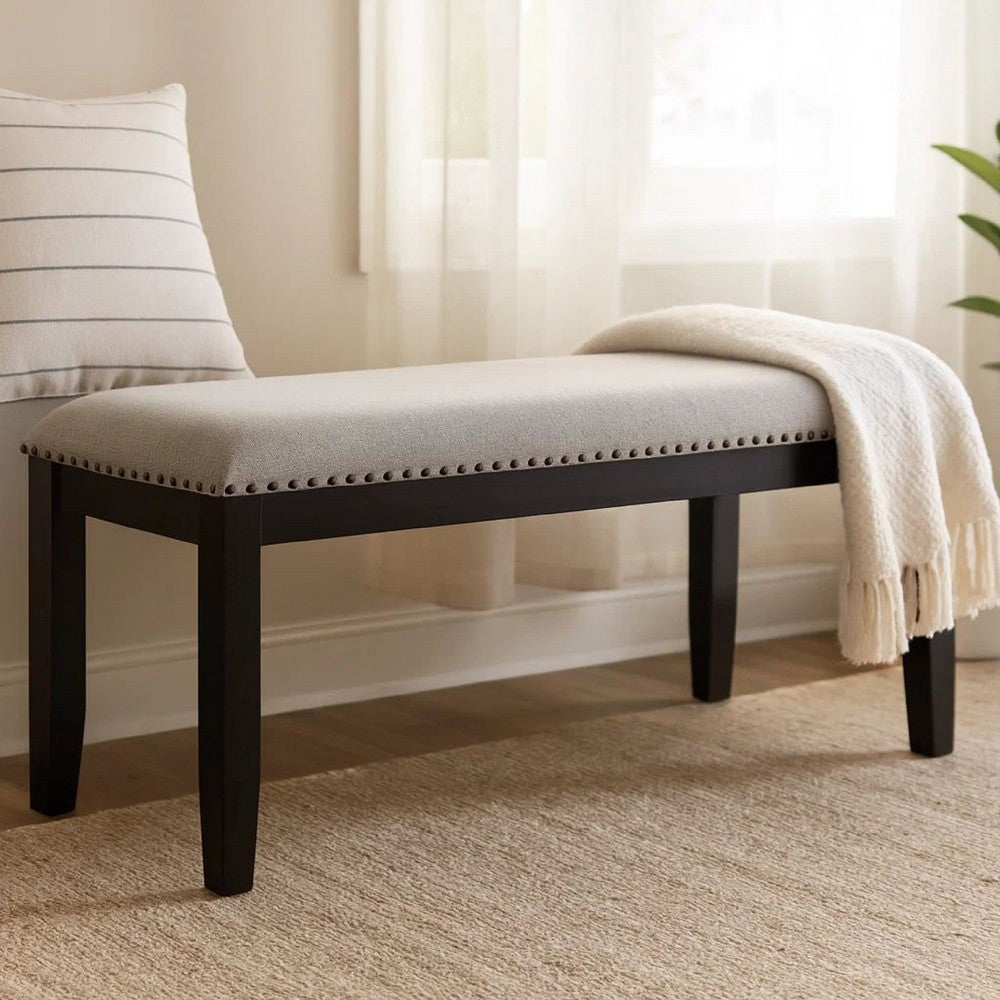 Benjara Amber Dining Bench, Gray Fabric Seat w Nailheads, Black Wood, 48 Inch