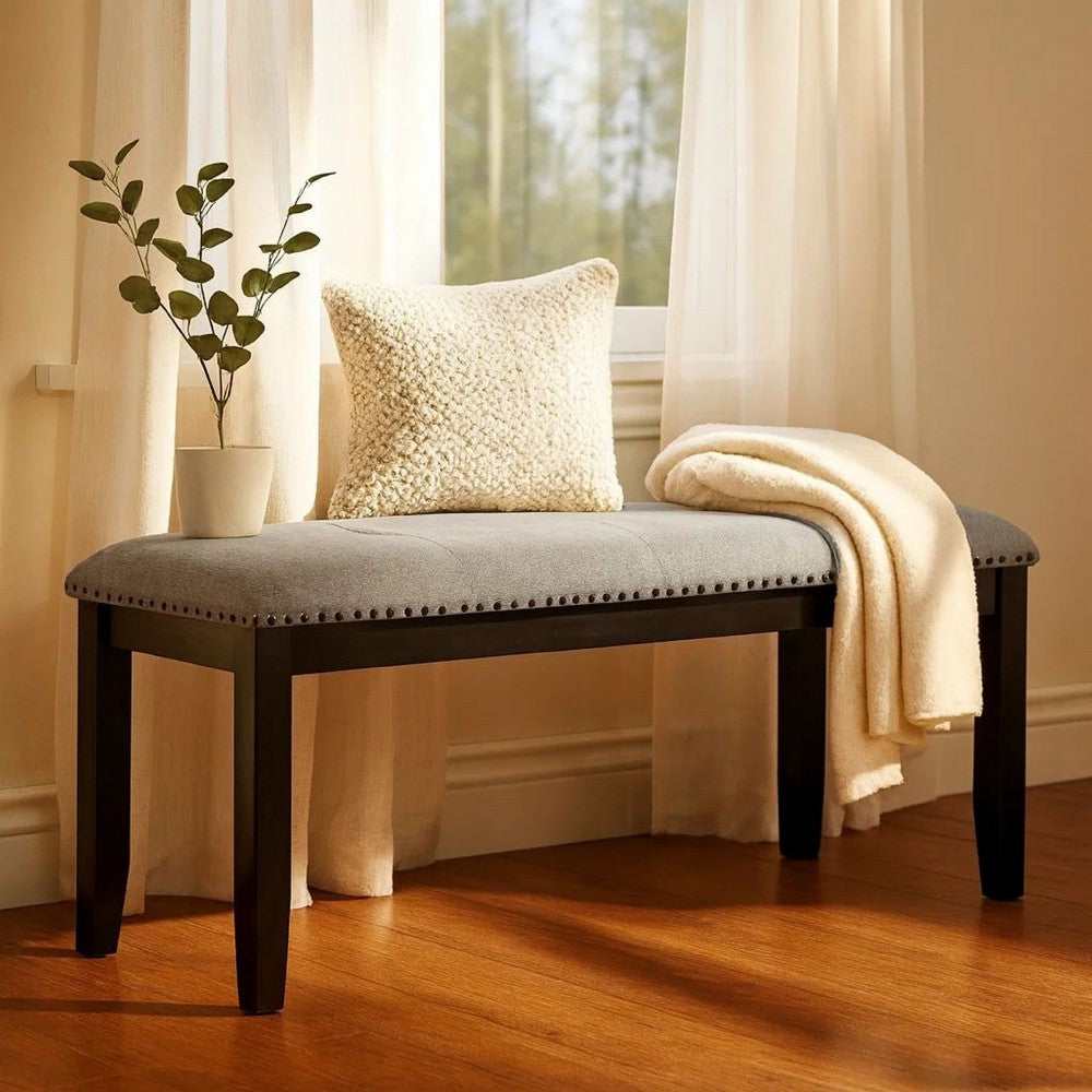 Benjara Amber Dining Bench, Gray Fabric Seat w Nailheads, Black Wood, 48 Inch