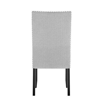 Benjara Viem Dining Chair Set of 2, Black Wood, Gray Fabric Seat, Nailhead Trim