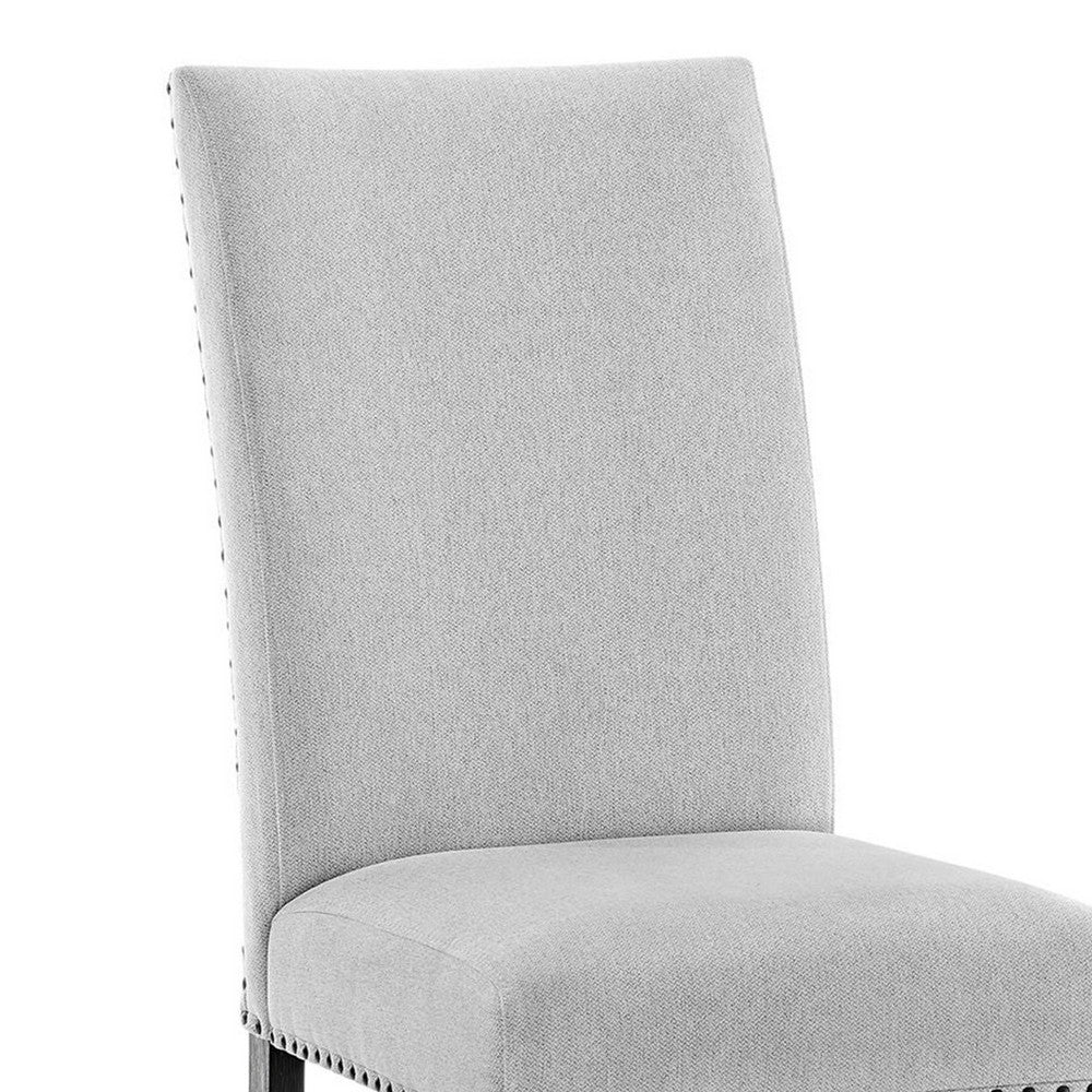 Benjara Viem Dining Chair Set of 2, Black Wood, Gray Fabric Seat, Nailhead Trim