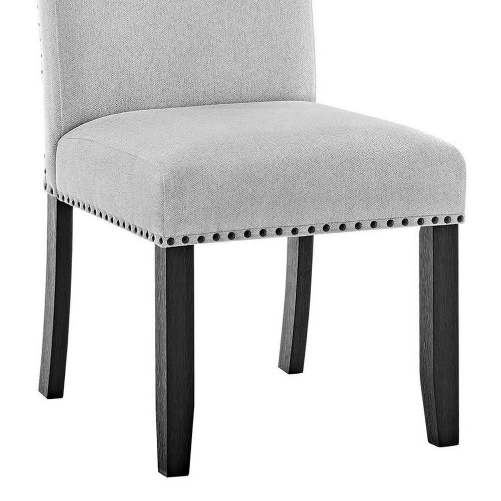 Benjara Viem Dining Chair Set of 2, Black Wood, Gray Fabric Seat, Nailhead Trim