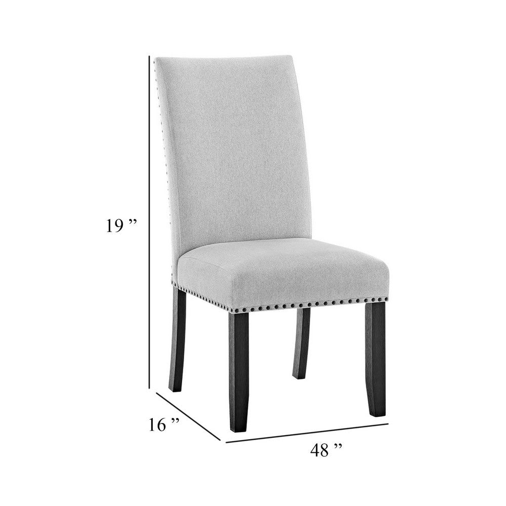 Benjara Viem Dining Chair Set of 2, Black Wood, Gray Fabric Seat, Nailhead Trim
