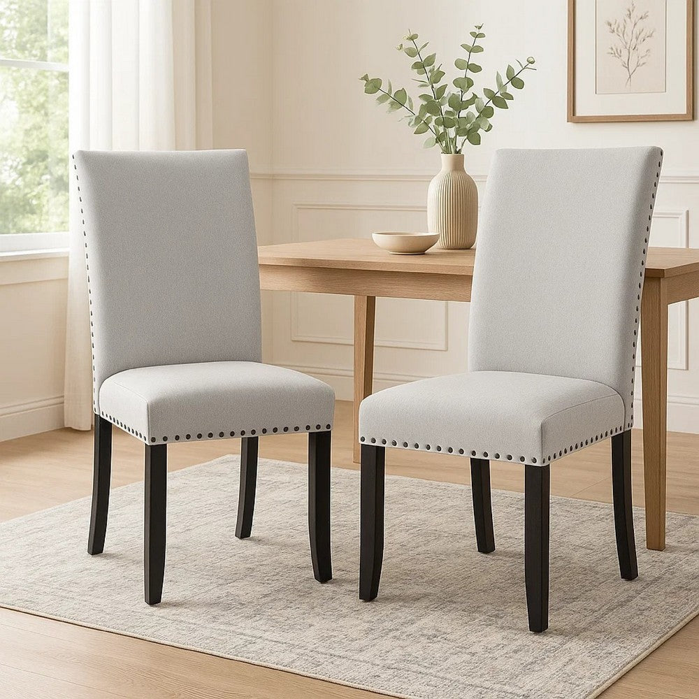 Benjara Viem Dining Chair Set of 2, Black Wood, Gray Fabric Seat, Nailhead Trim