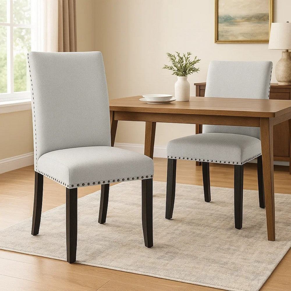 Benjara Viem Dining Chair Set of 2, Black Wood, Gray Fabric Seat, Nailhead Trim