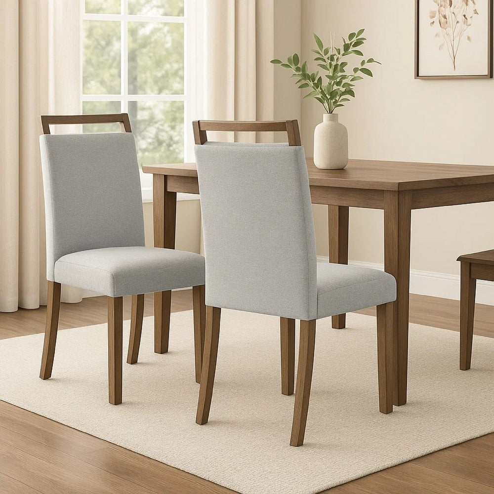 Benjara Koji Dining Chair Set of 2, Gray Fabric Padded Seat, Brown Wood Frame