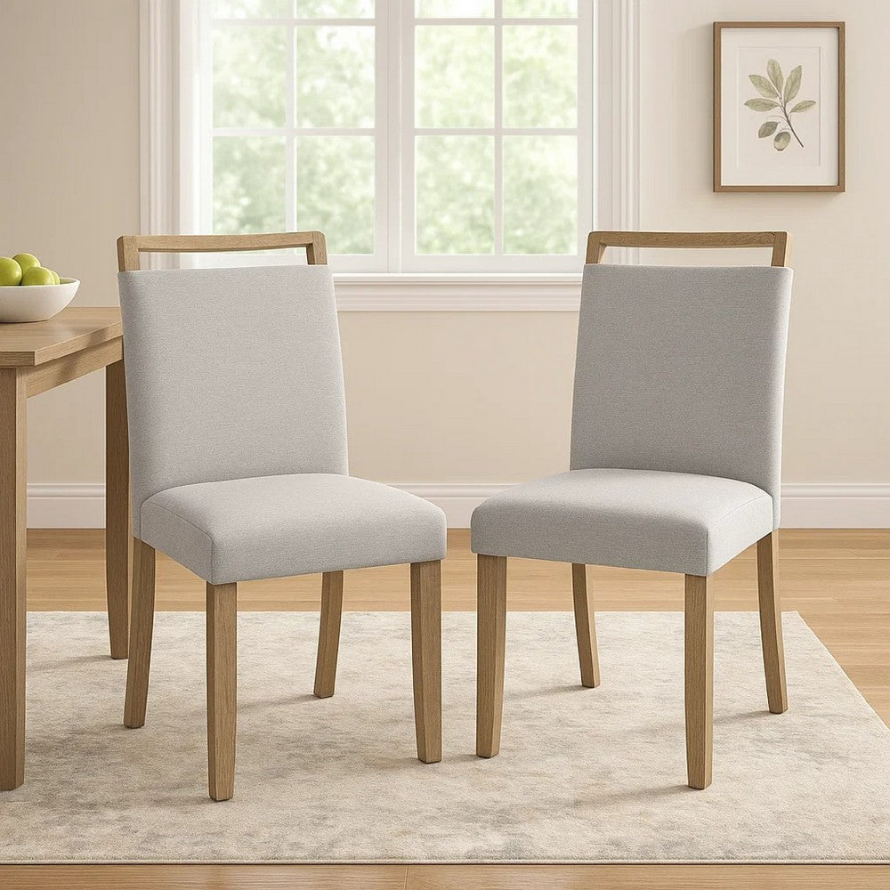 Benjara Koji Dining Chair Set of 2, Gray Fabric Padded Seat, Brown Wood Frame
