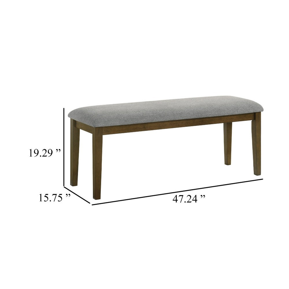 Benjara Lyoi Dining Bench, 47 Inch Gray Rectangular Fabric Seat, Brown Wood