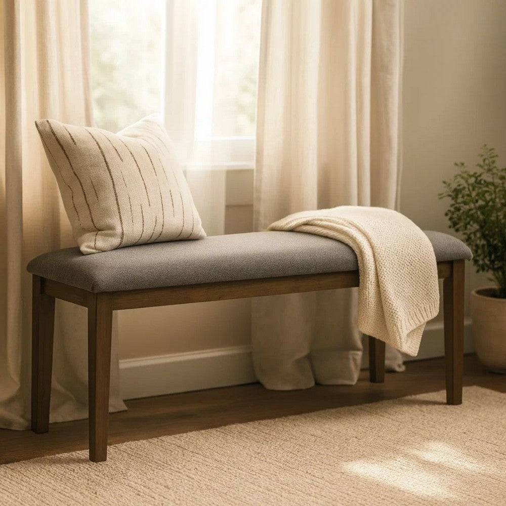 Benjara Lyoi Dining Bench, 47 Inch Gray Rectangular Fabric Seat, Brown Wood