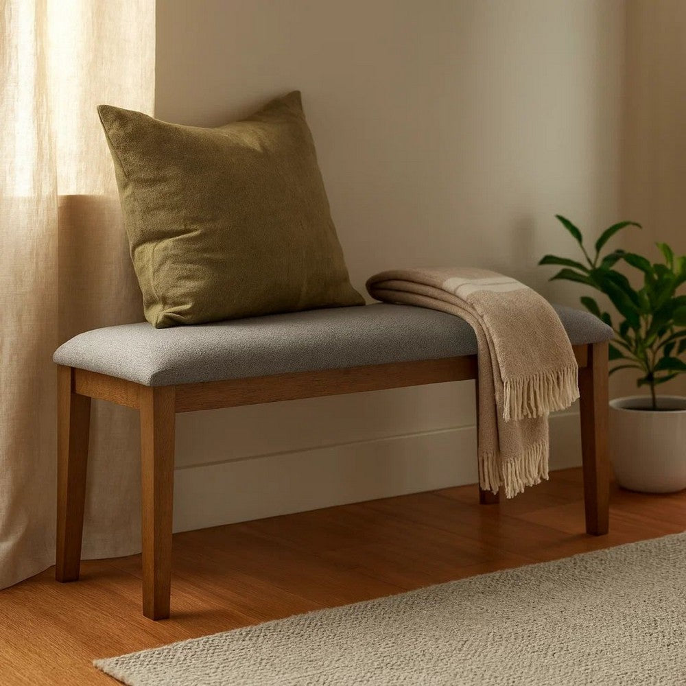 Benjara Lyoi Dining Bench, 47 Inch Gray Rectangular Fabric Seat, Brown Wood