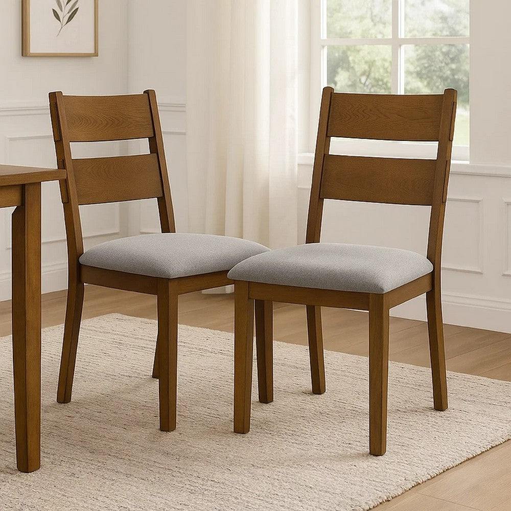 Benjara Lyoi Dining Chair Set of 2, Gray Padded Fabric Seat, Brown Wood Legs