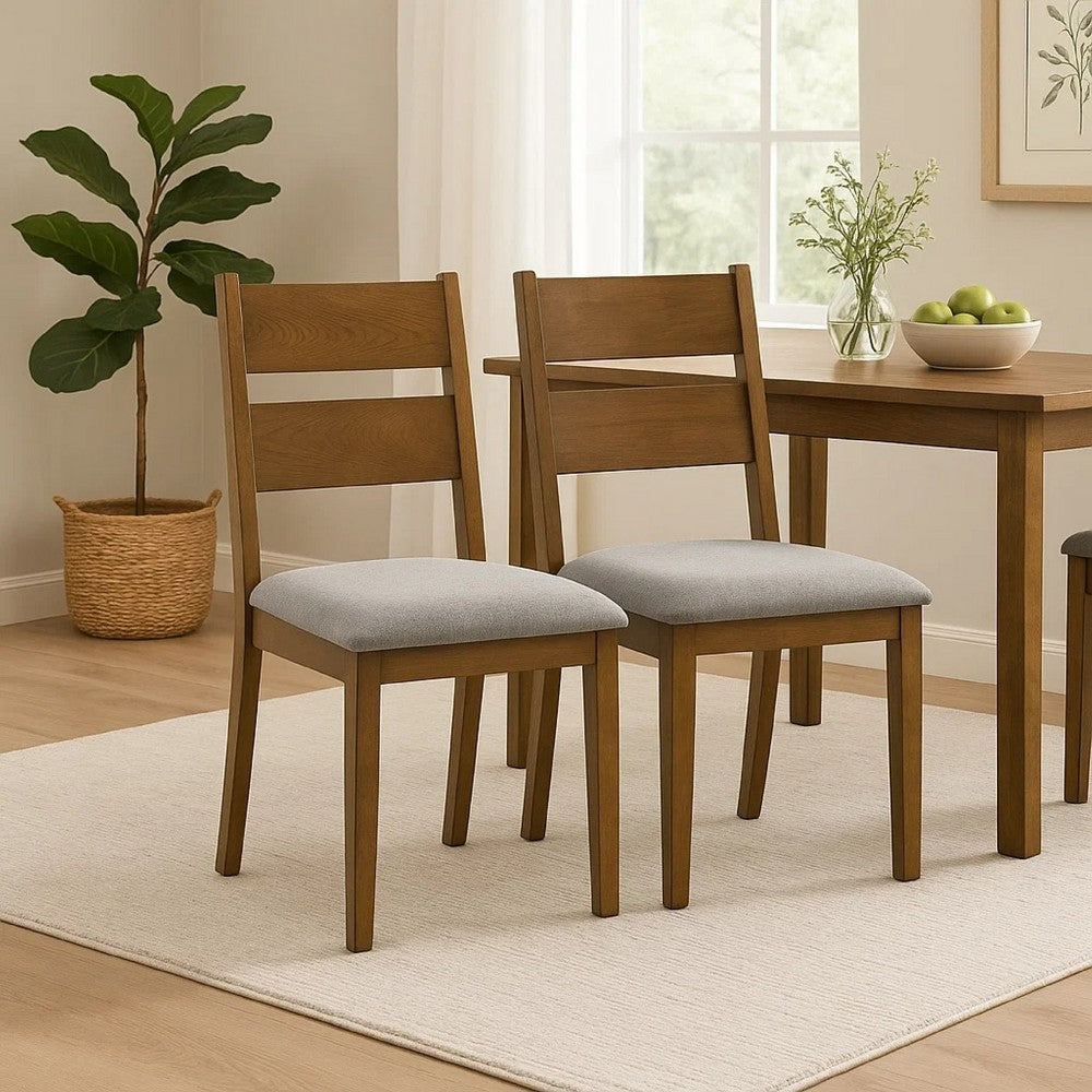 Benjara Lyoi Dining Chair Set of 2, Gray Padded Fabric Seat, Brown Wood Legs