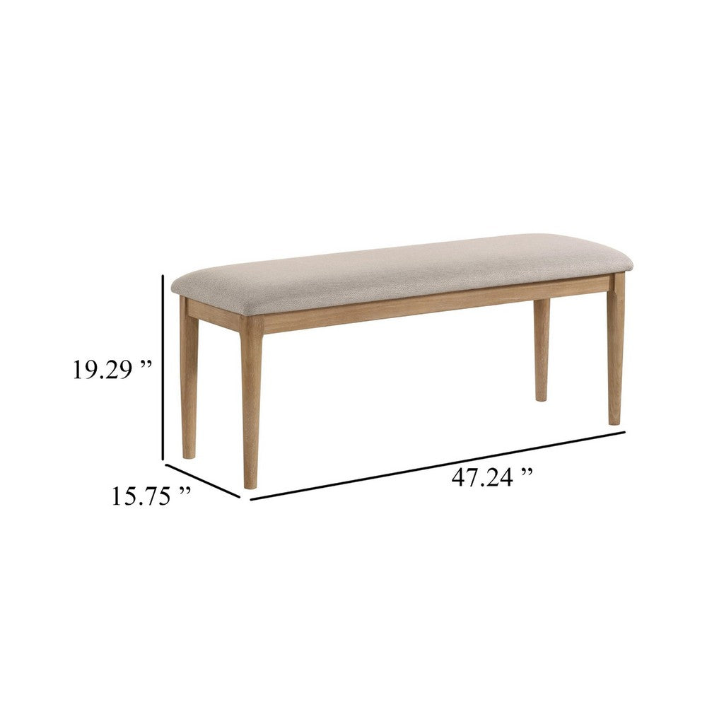 Benjara Aruk Dining Bench, 47 Inch Khaki Rectangular Fabric Seat, Brown Wood