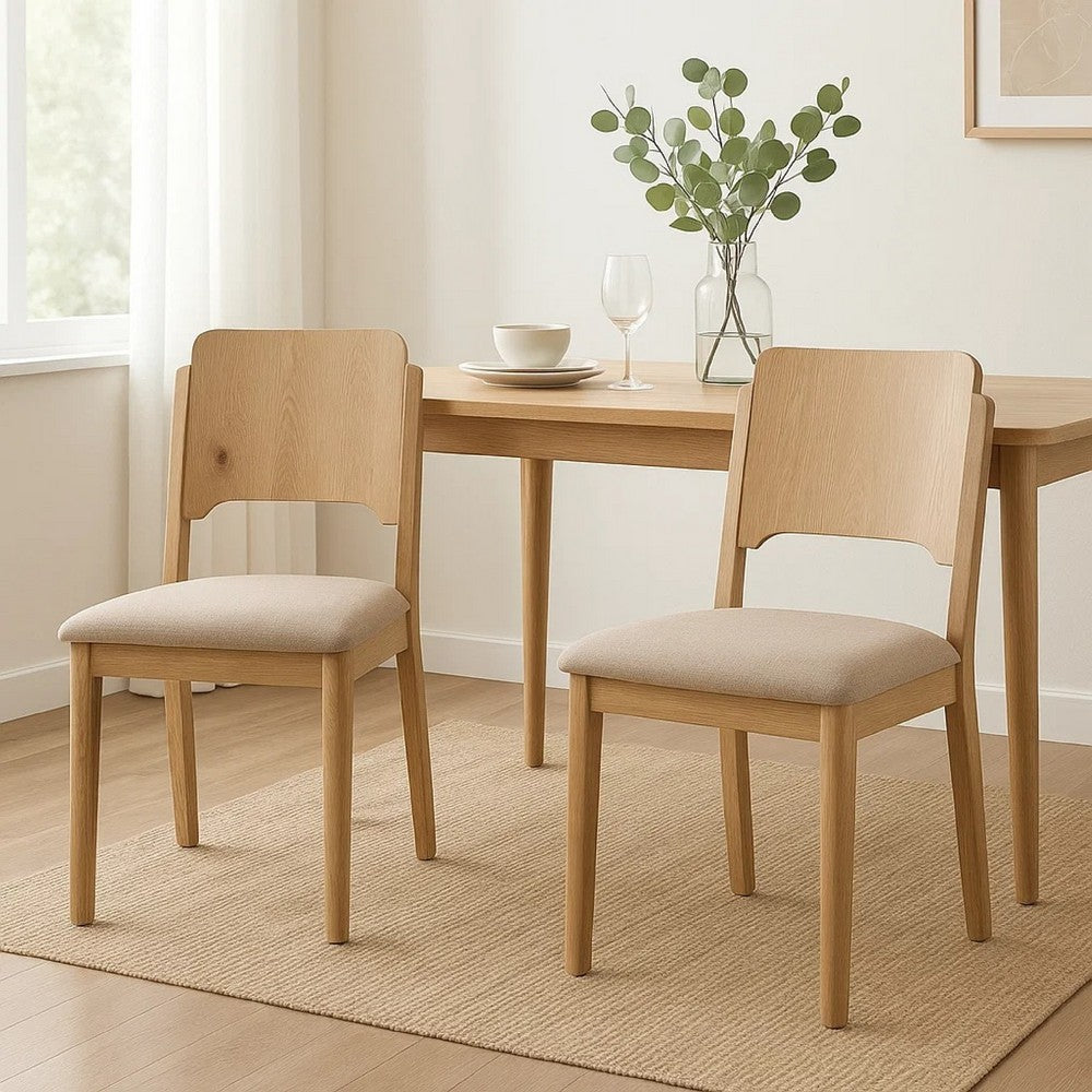 Benjara Aruk Dining Chair Set of 2, Khaki Padded Fabric Seat, Brown Wood Legs