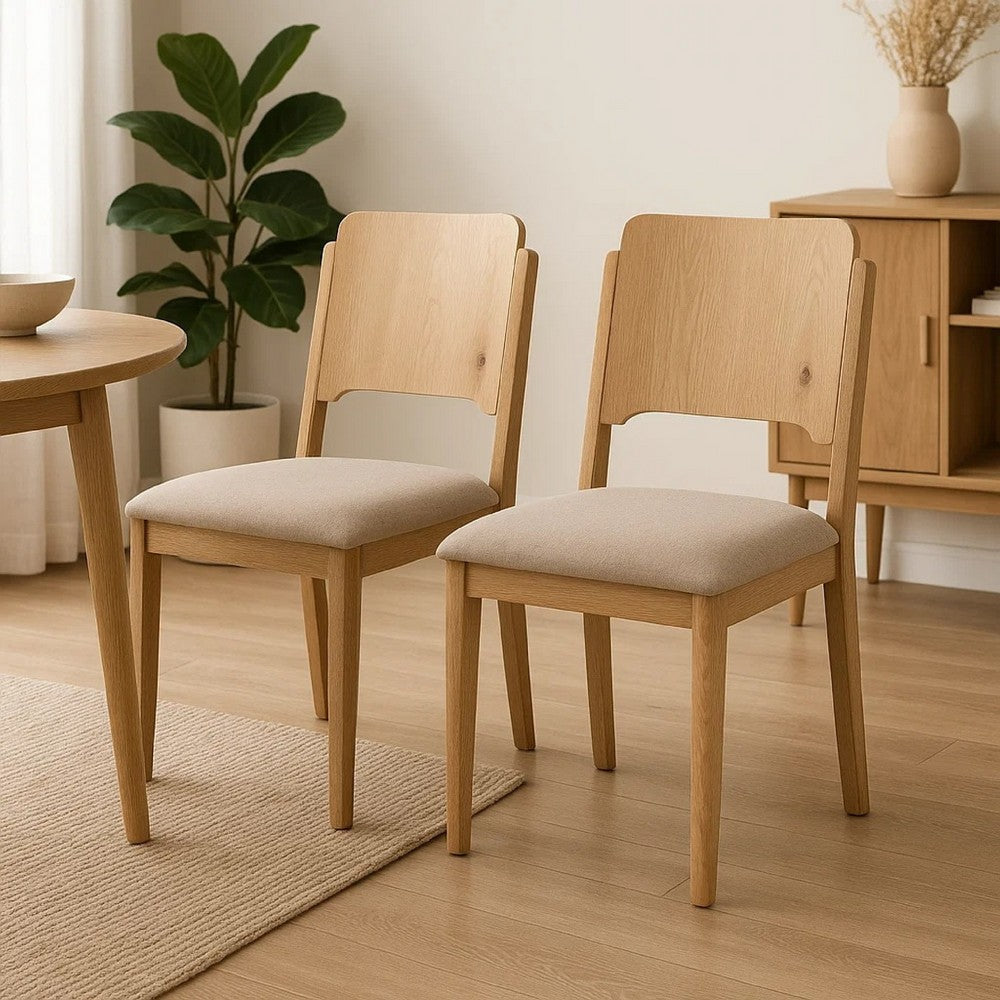 Benjara Aruk Dining Chair Set of 2, Khaki Padded Fabric Seat, Brown Wood Legs