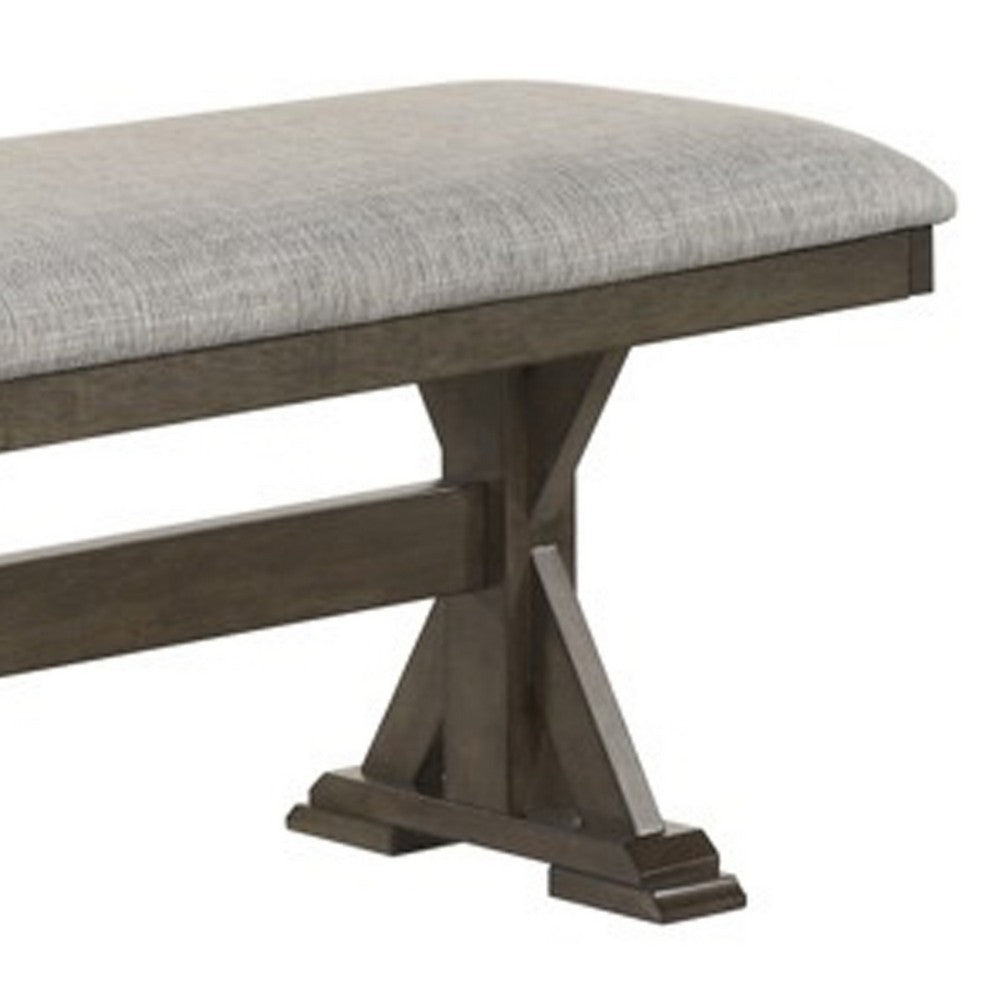 Benjara Omal Dining Bench, Brown Wood, 53 Inch Rectangular Gray Fabric Seat