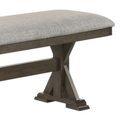 Benjara Omal Dining Bench, Brown Wood, 53 Inch Rectangular Gray Fabric Seat