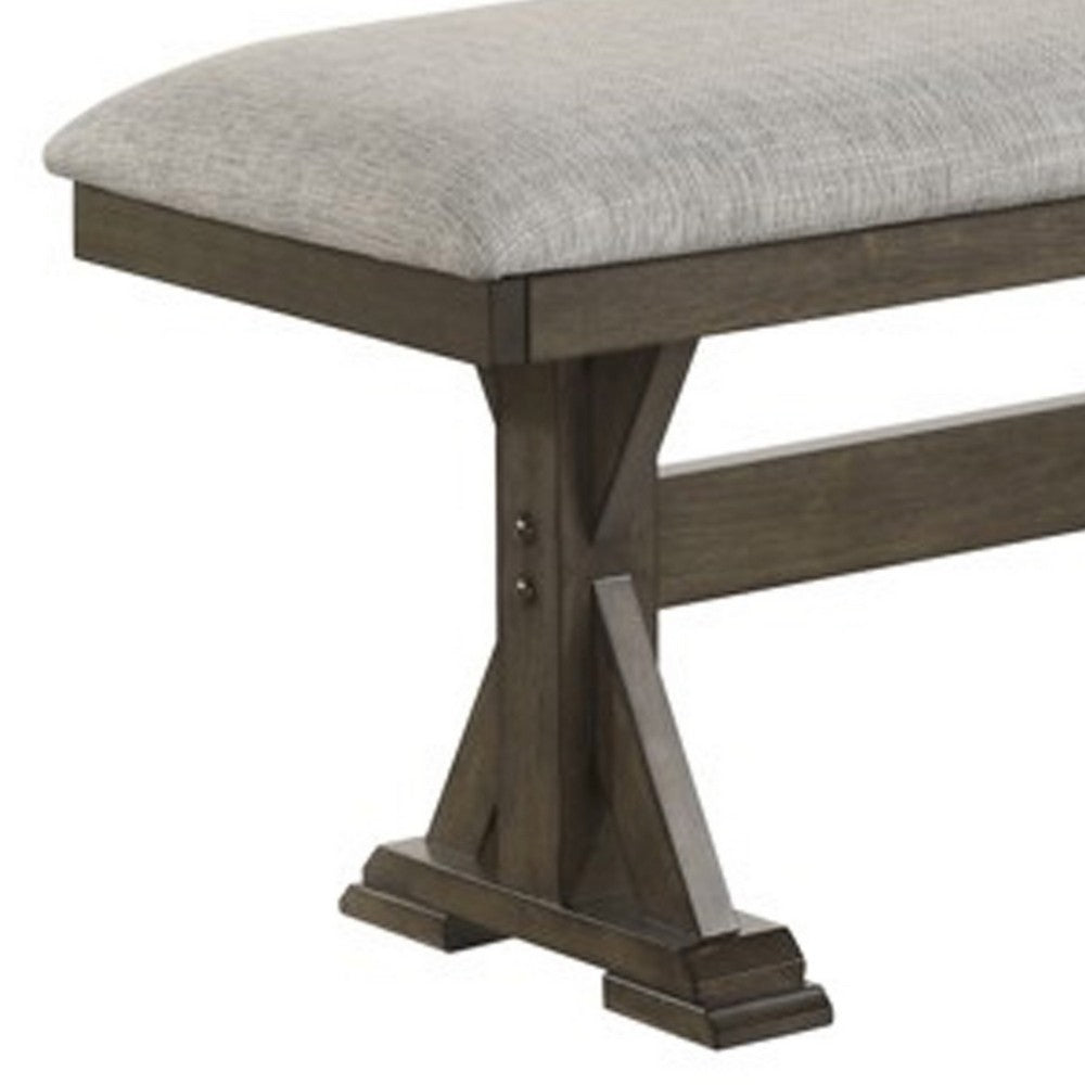 Benjara Omal Dining Bench, Brown Wood, 53 Inch Rectangular Gray Fabric Seat