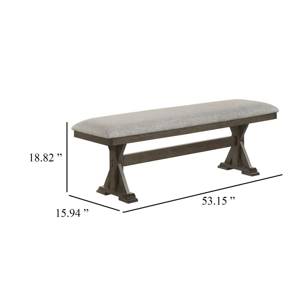 Benjara Omal Dining Bench, Brown Wood, 53 Inch Rectangular Gray Fabric Seat