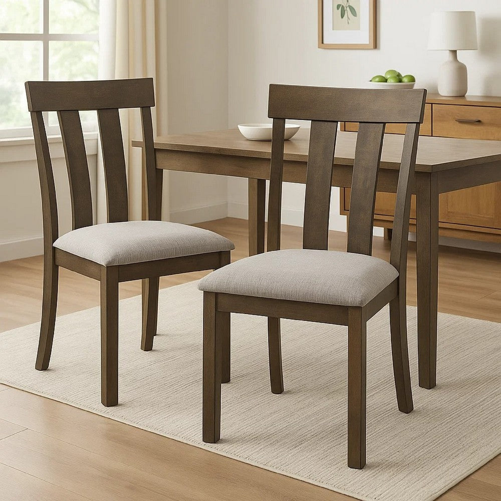 Benjara Omal Set of 2 Dining Chairs, Brown Wood Slatted Back, Gray Fabric Seat