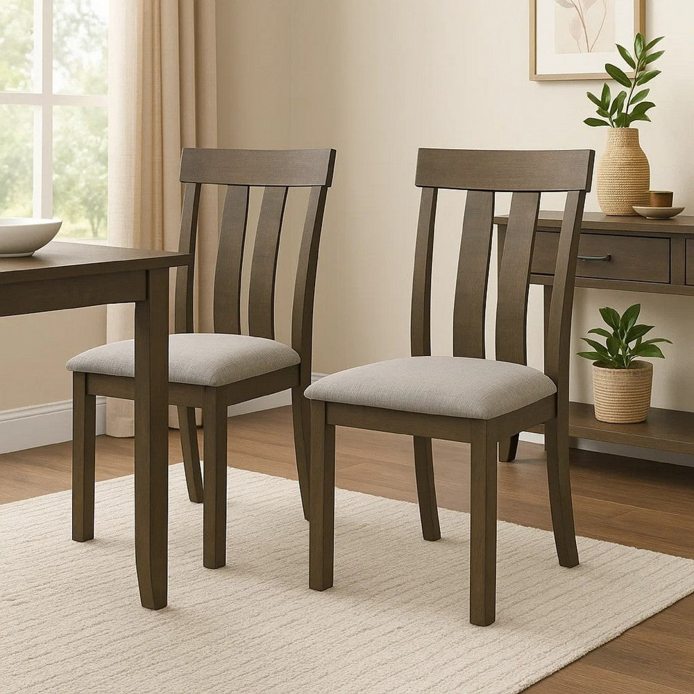 Benjara Omal Set of 2 Dining Chairs, Brown Wood Slatted Back, Gray Fabric Seat