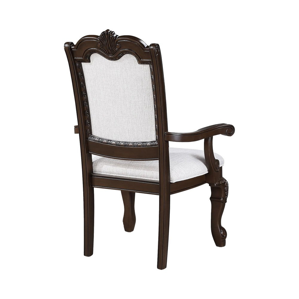 Benjara Cary Dining Armchair Set of 2, Beige Linen, Scrolled Coffee Brown Wood