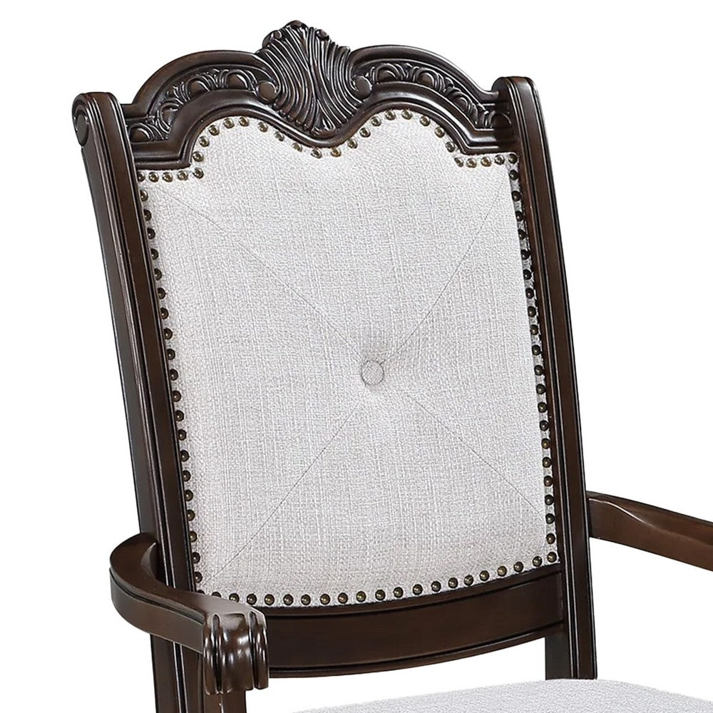 Benjara Cary Dining Armchair Set of 2, Beige Linen, Scrolled Coffee Brown Wood