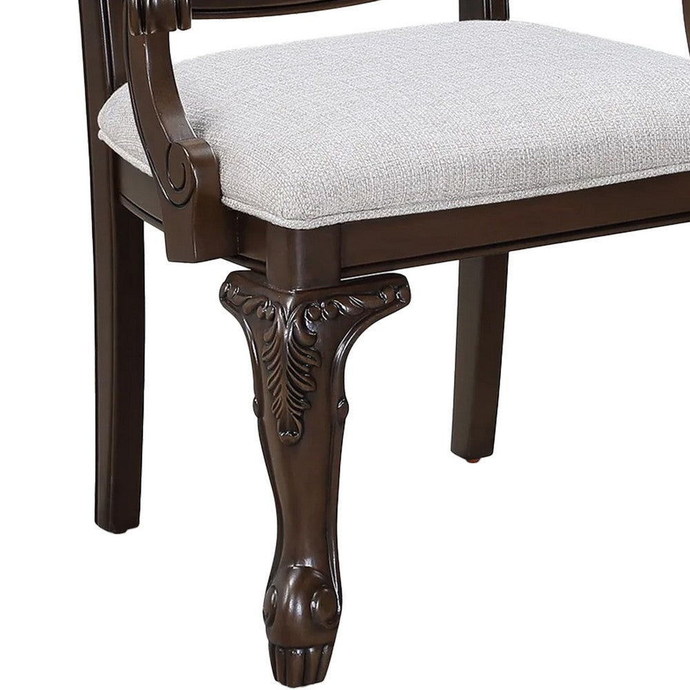 Benjara Cary Dining Armchair Set of 2, Beige Linen, Scrolled Coffee Brown Wood