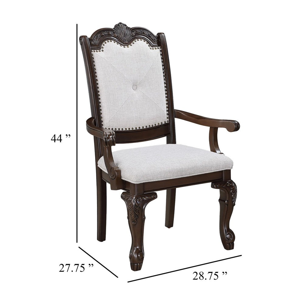Benjara Cary Dining Armchair Set of 2, Beige Linen, Scrolled Coffee Brown Wood