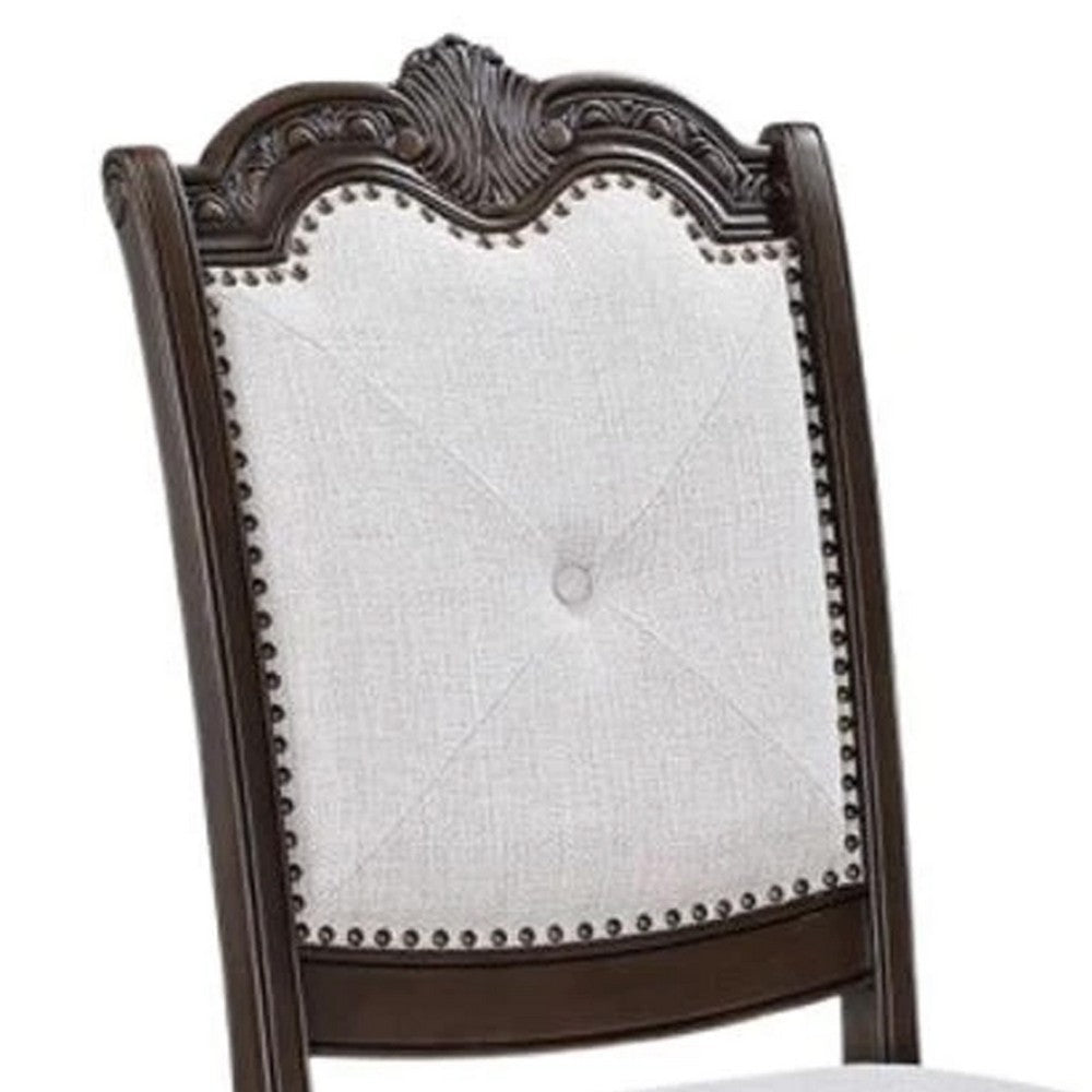 Benjara Cary Side Dining Chair Set of 2, Beige Linen, Scrolled Coffee Brown Wood