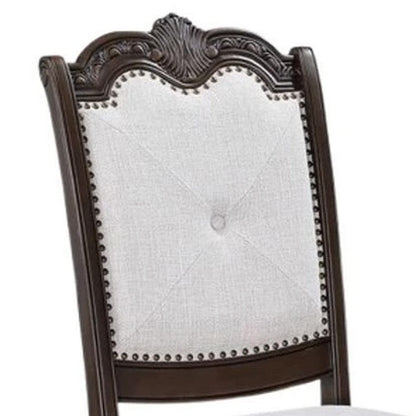 Benjara Cary Side Dining Chair Set of 2, Beige Linen, Scrolled Coffee Brown Wood