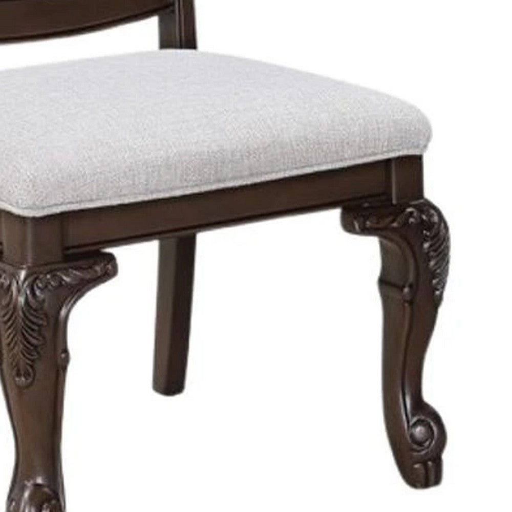 Benjara Cary Side Dining Chair Set of 2, Beige Linen, Scrolled Coffee Brown Wood